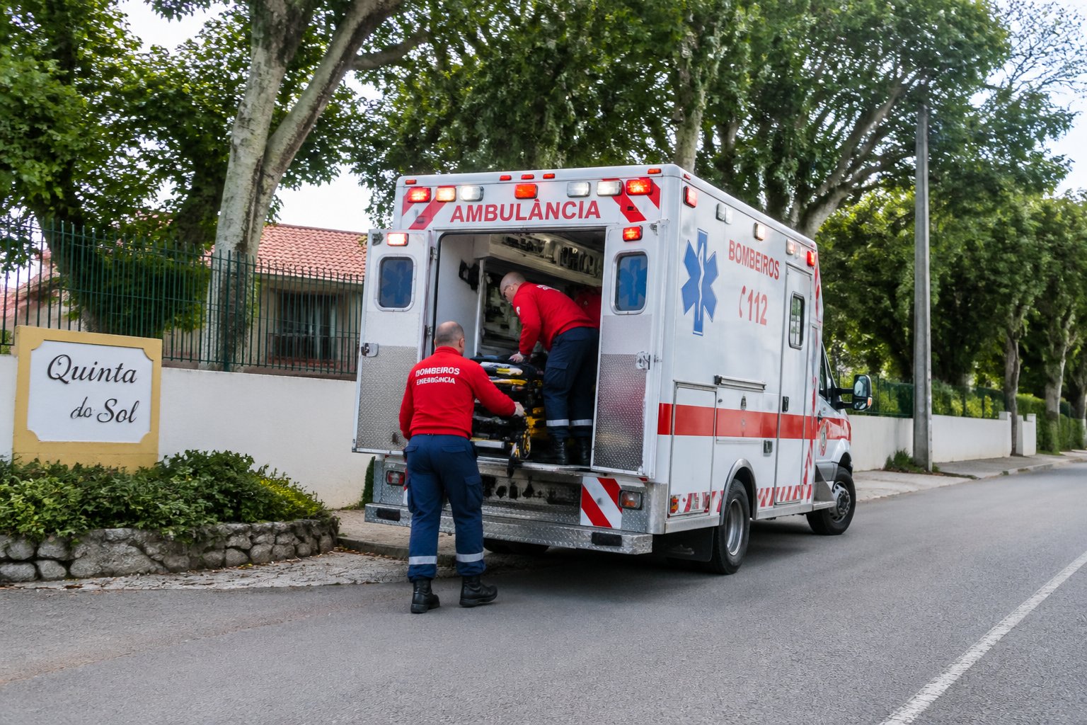 Ambulância estacionada em uma rua residencial em Quinta do Sol com profissionais de emergência ao redor atendendo a uma ocorrência.