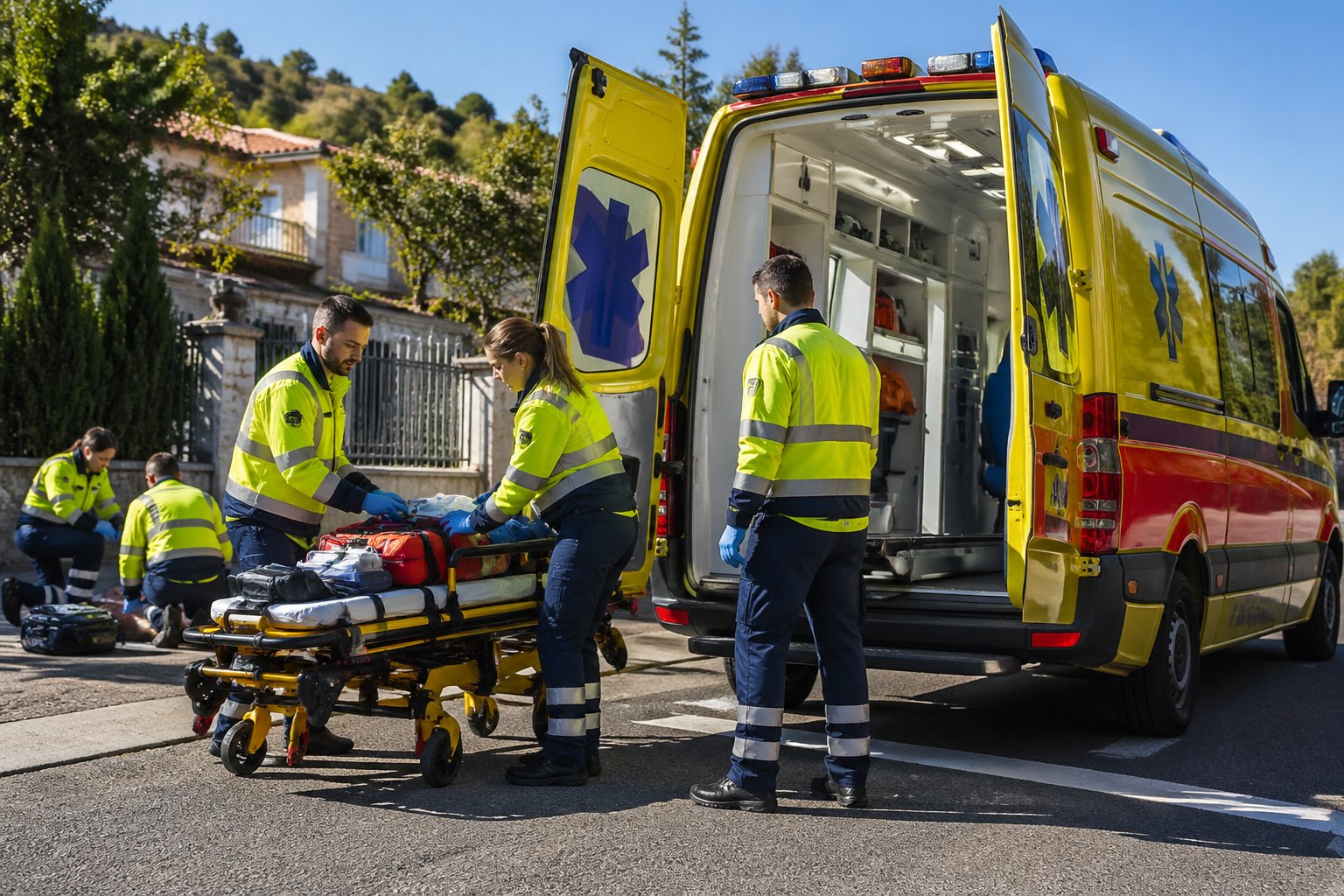 Ambulância estacionada em uma rua de Quinta do Sol com socorristas atendendo uma emergência inicial.
