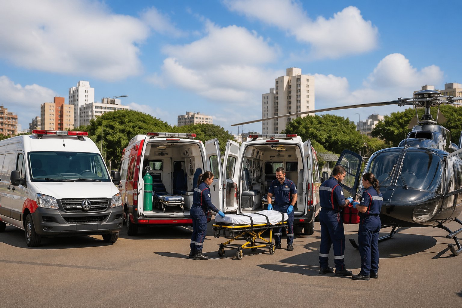 Vários tipos de ambulâncias estacionadas em uma rua da cidade de Peabiru, com paramédicos próximos aos veículos.