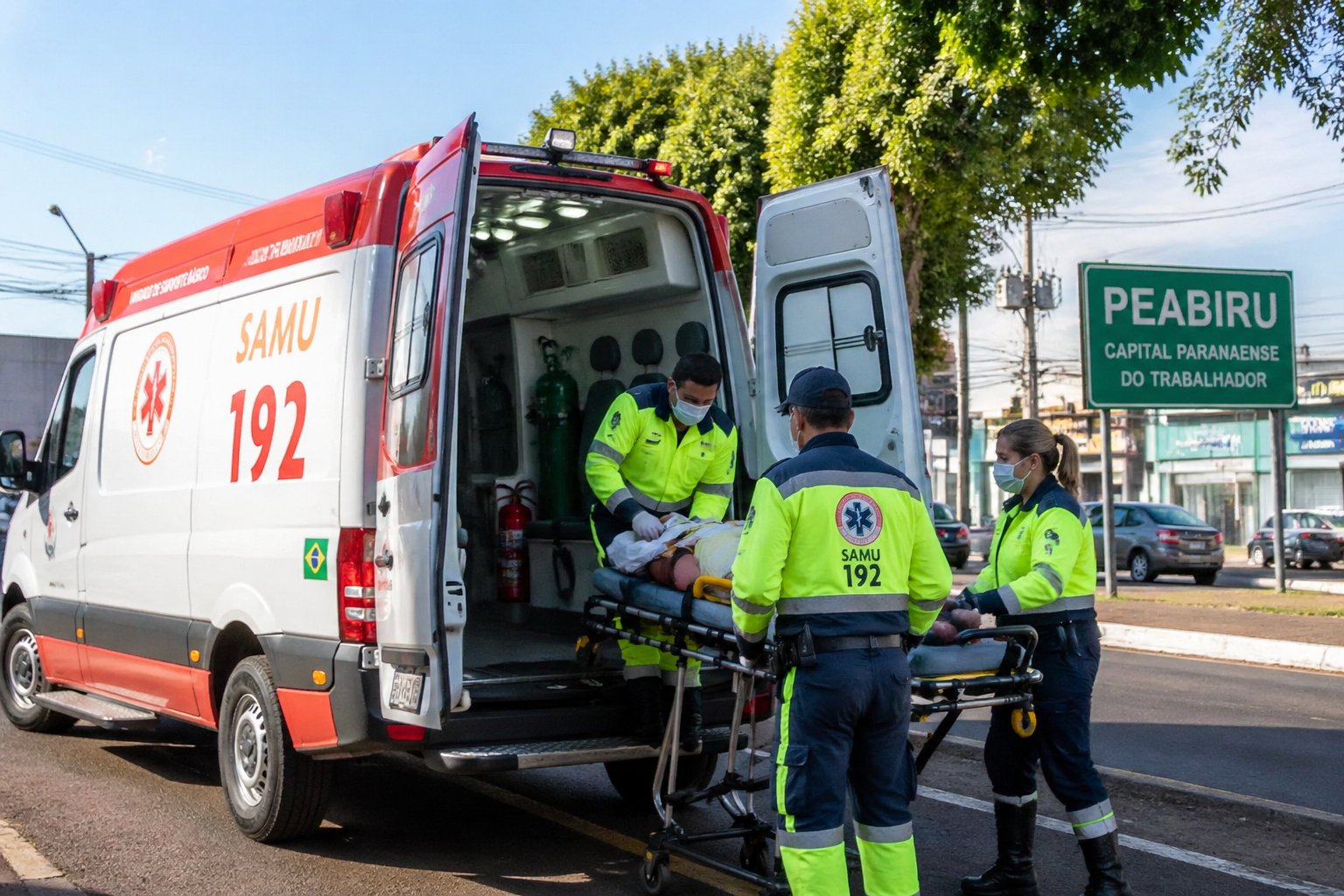 Ambulância estacionada na rua com paramédicos atendendo um paciente em uma maca em Peabiru.
