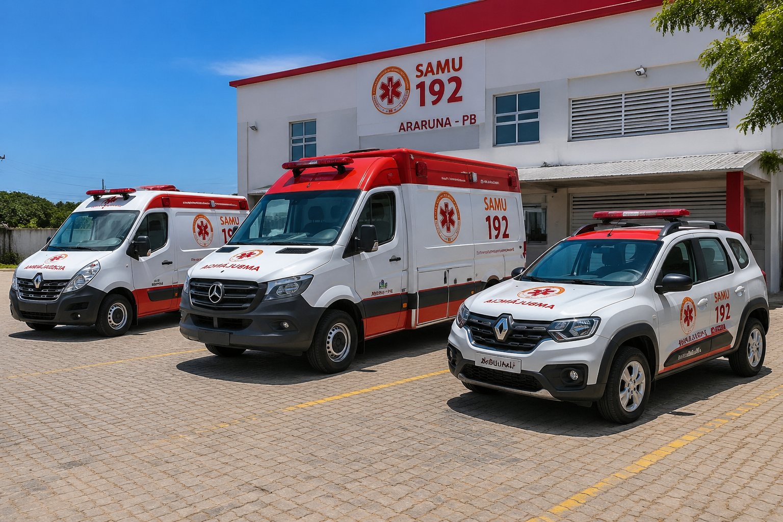 Vários tipos de ambulâncias estacionadas ao ar livre em Araruna, com um prédio de serviços médicos ao fundo e céu azul.