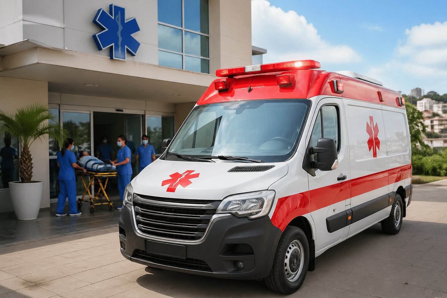 Ambulância nova estacionada em frente a um hospital com profissionais de saúde ao redor, em Araruna.