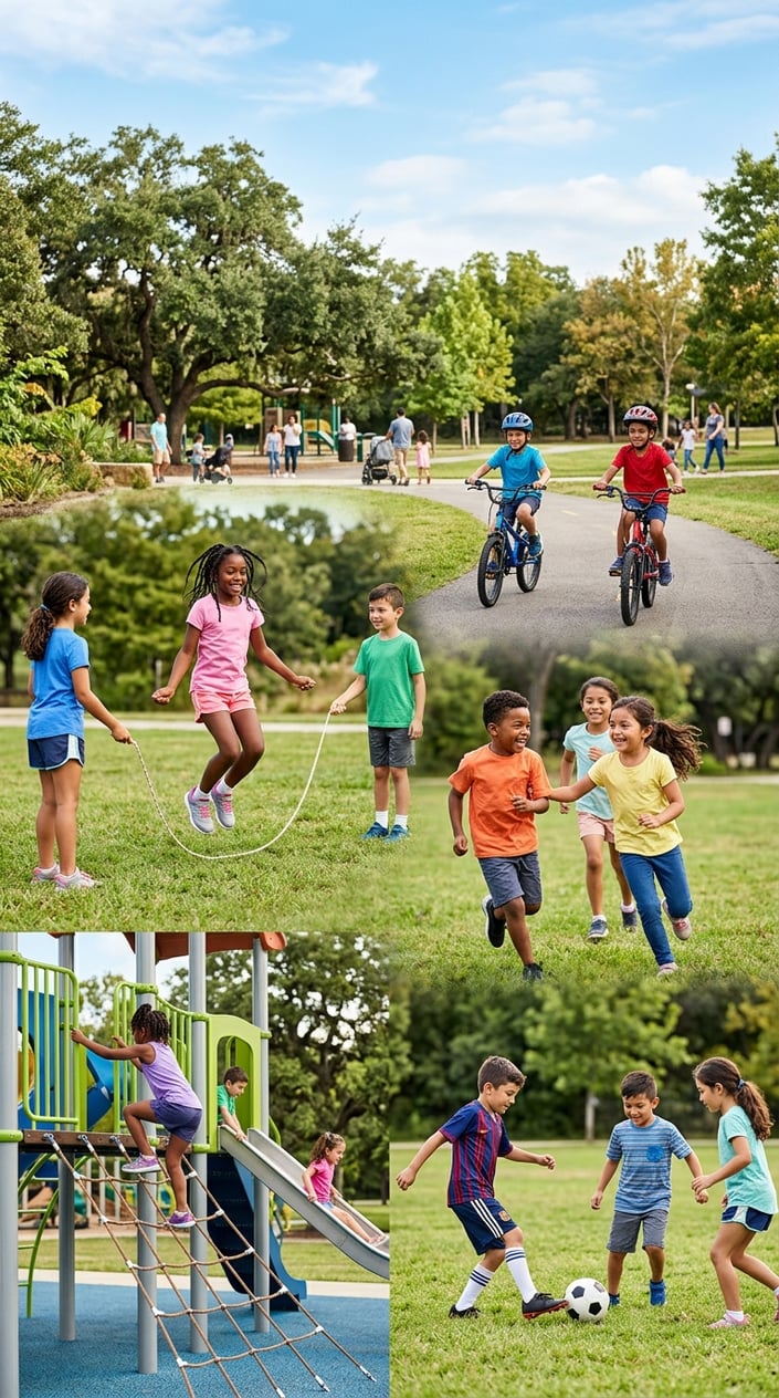 23 Physical Activities for Kids That Burn the Energy You've Been Watching Pile Up 2 A group of children playing various active games outdoors in a park, including running, jumping rope, riding bikes, and climbing playground equipment.