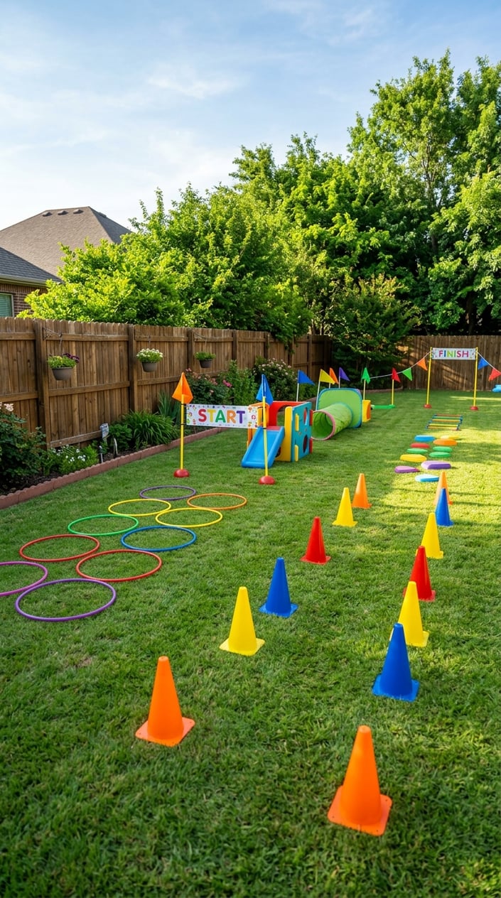 23 Physical Activities for Kids That Burn the Energy You've Been Watching Pile Up 3 Backyard with cones and hula hoops arranged as an obstacle course on green grass.