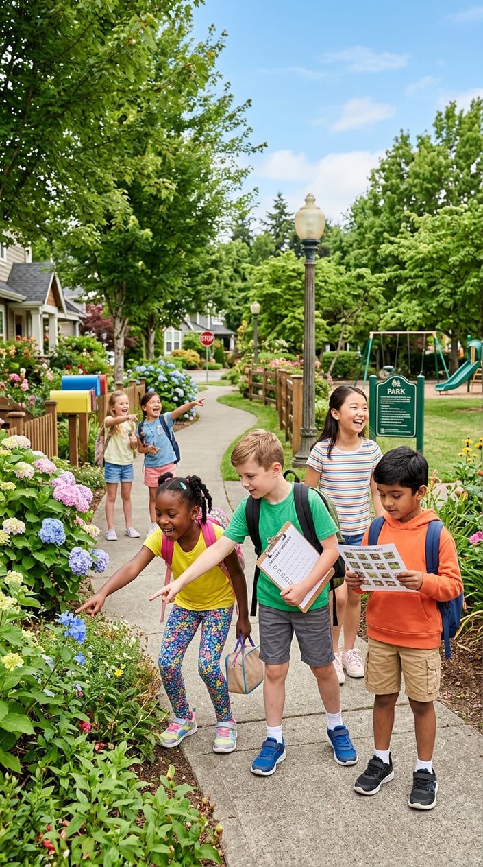 23 Physical Activities for Kids That Burn the Energy You've Been Watching Pile Up 4 Children exploring a sunny neighborhood street during a scavenger hunt, looking at objects and holding picture checklists.