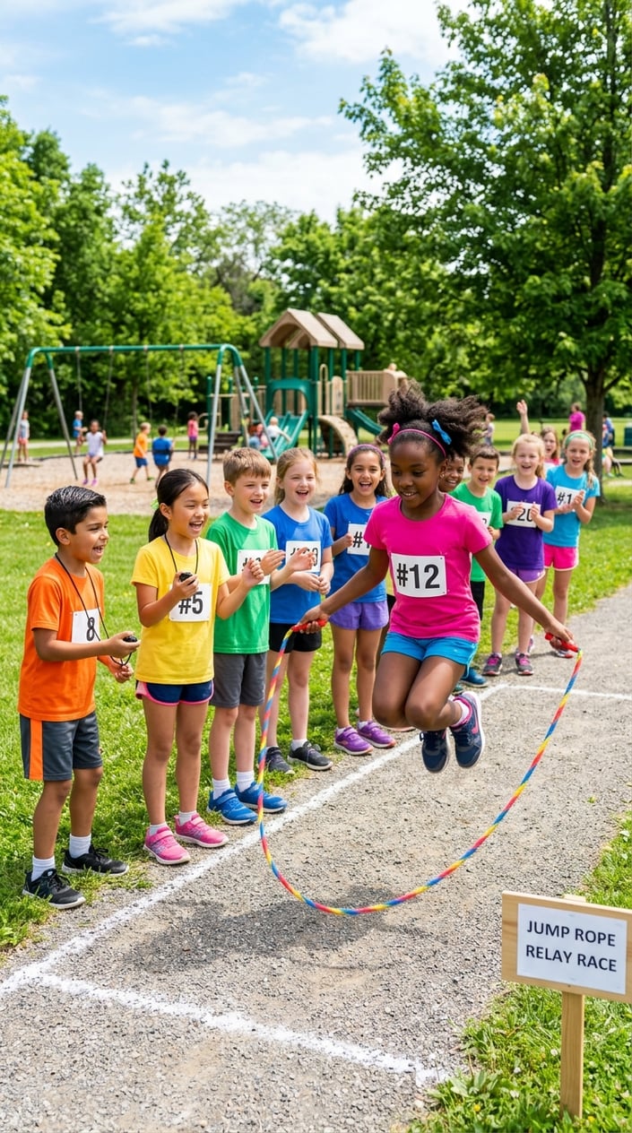 23 Physical Activities for Kids That Burn the Energy You've Been Watching Pile Up 5 Children participating in a jump-rope relay race outdoors, taking turns jumping rope and timing laps.
