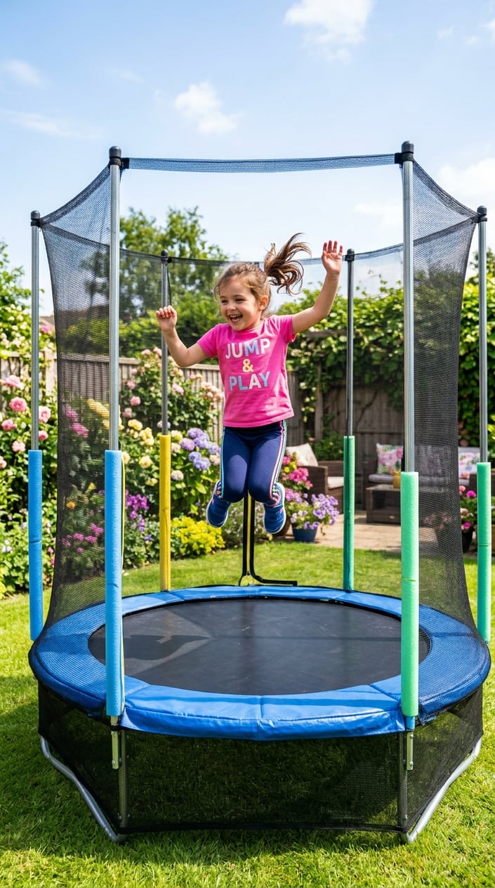 23 Physical Activities for Kids That Burn the Energy You've Been Watching Pile Up 6 A child jumping on a mini-trampoline with a safety net in a sunny backyard.