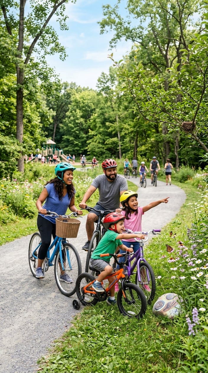 23 Physical Activities for Kids That Burn the Energy You've Been Watching Pile Up 7 A family of four on a bike ride in a park stopping to look at nature objects during a scavenger hunt.