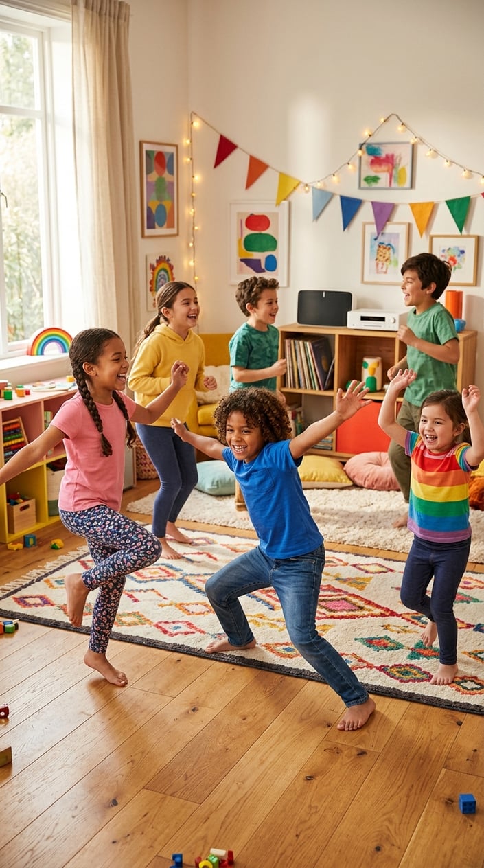 23 Physical Activities for Kids That Burn the Energy You've Been Watching Pile Up 8 A group of children dancing and freezing in playful poses during a dance party game indoors.