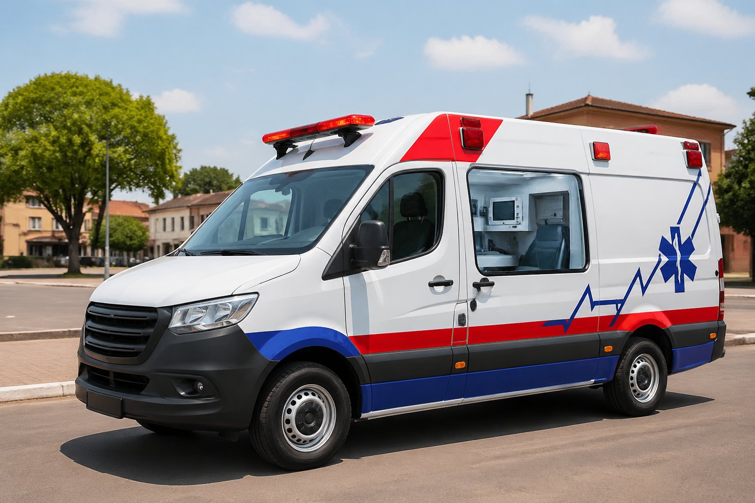 Ambulância moderna estacionada em uma rua limpa em Barbosa Ferraz durante o dia.