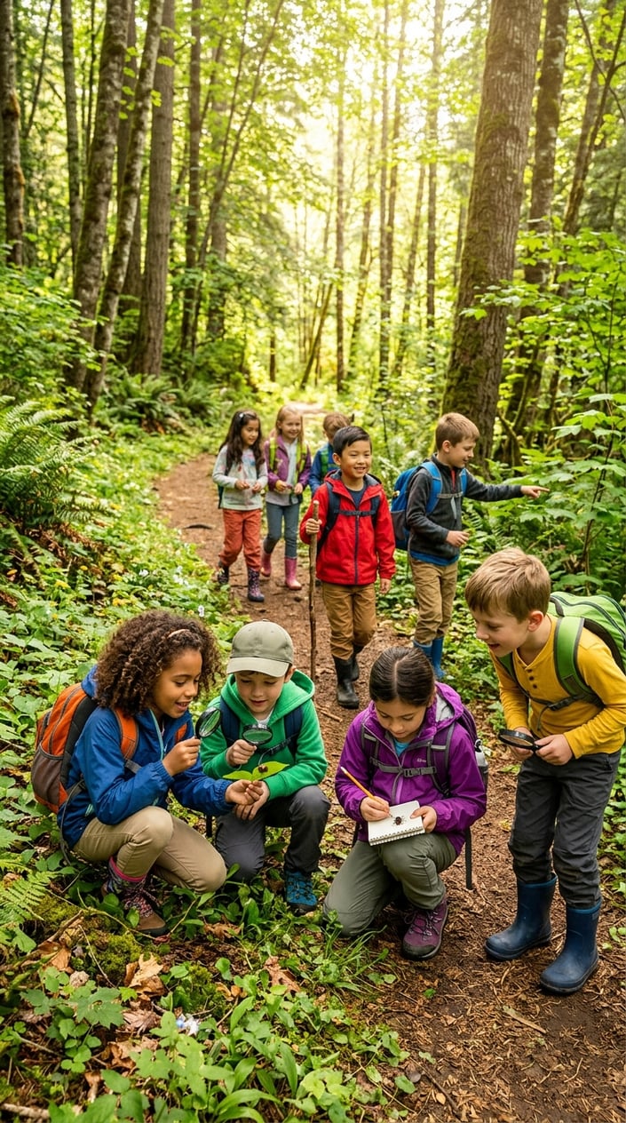23 Physical Activities for Kids That Burn the Energy You've Been Watching Pile Up 9 Children hiking in a forest, examining leaves and insects while exploring nature.