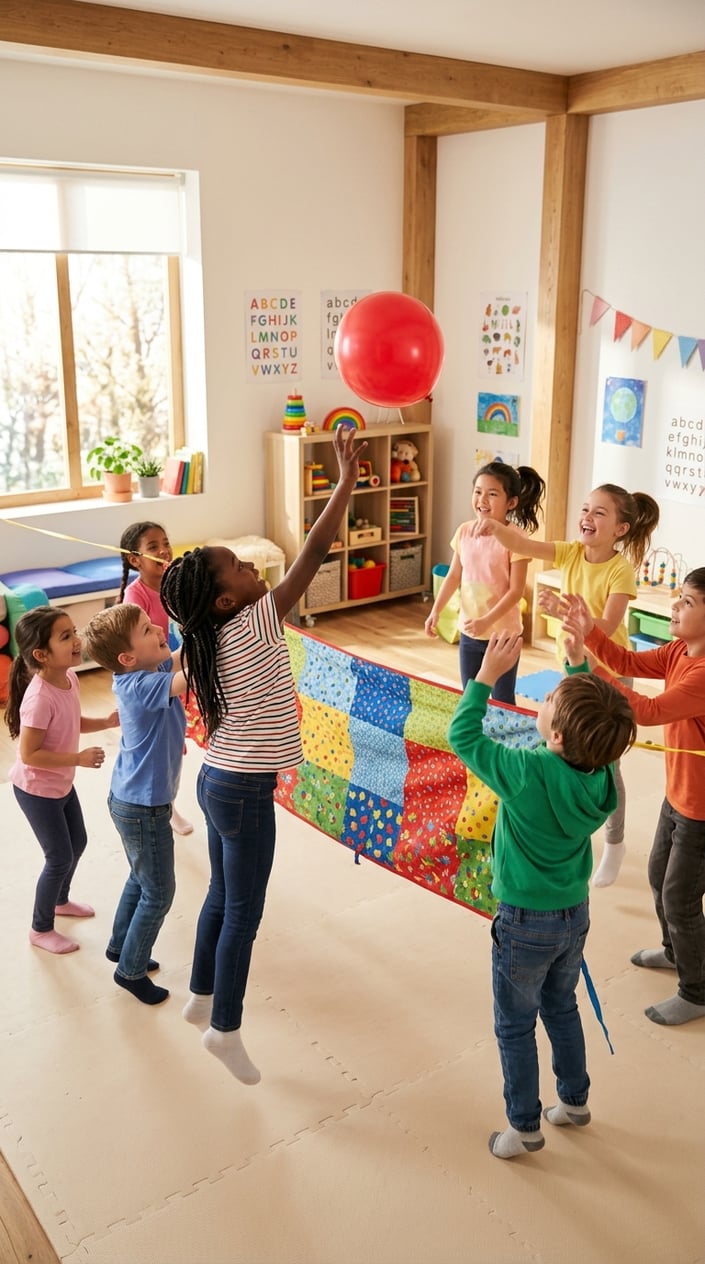 23 Physical Activities for Kids That Burn the Energy You've Been Watching Pile Up 10 Children playing balloon volleyball over a stretched sheet indoors, actively hitting a balloon and having fun.