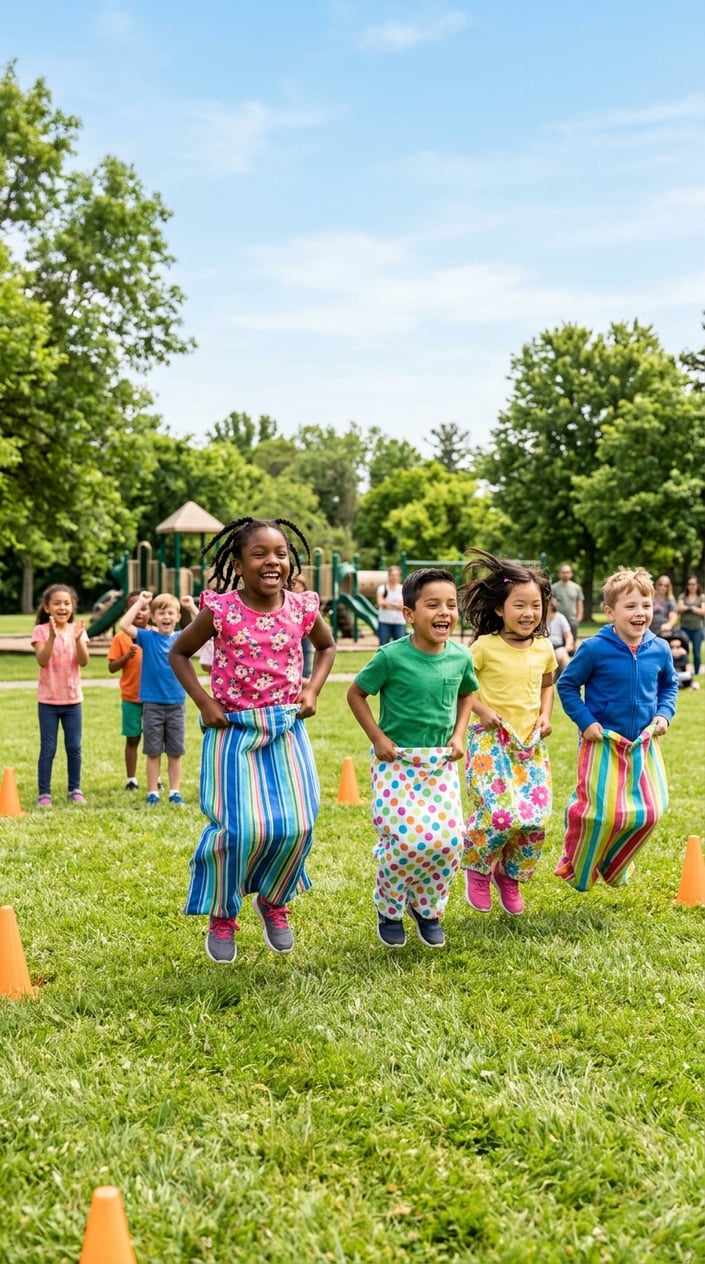 23 Physical Activities for Kids That Burn the Energy You've Been Watching Pile Up 11 Children jumping in pillowcases during a relay sack race outdoors on a sunny day.