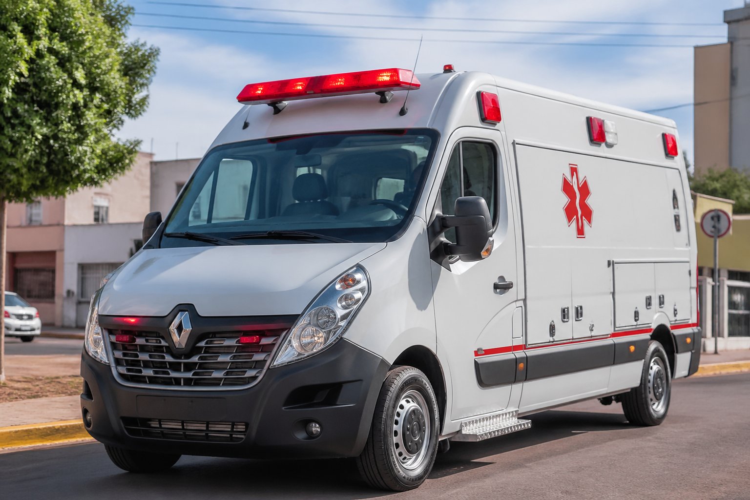 Ambulância moderna estacionada em uma rua urbana de Barbosa Ferraz, mostrando seus equipamentos e estrutura.