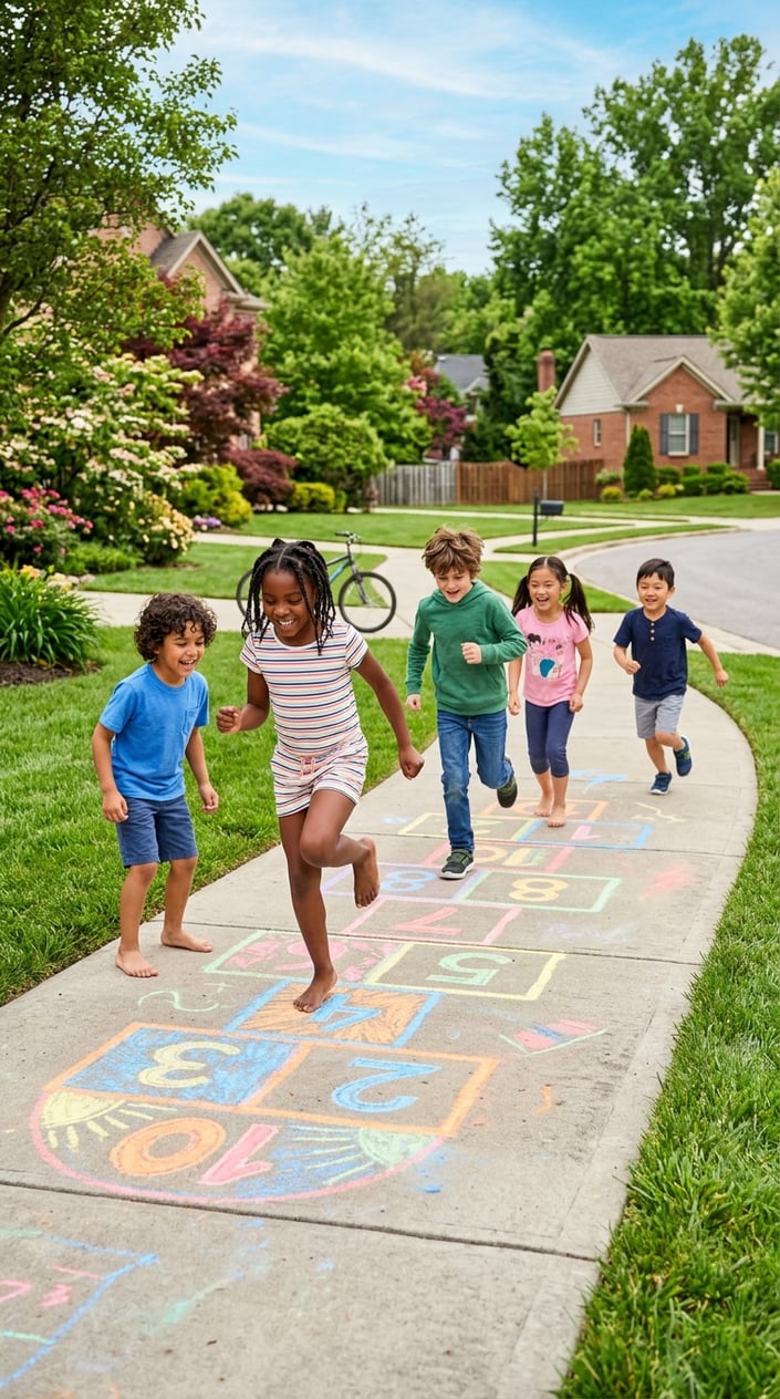 23 Physical Activities for Kids That Burn the Energy You've Been Watching Pile Up 12 Children playing hopscotch on a sidewalk with colorful chalk drawings on a sunny day.