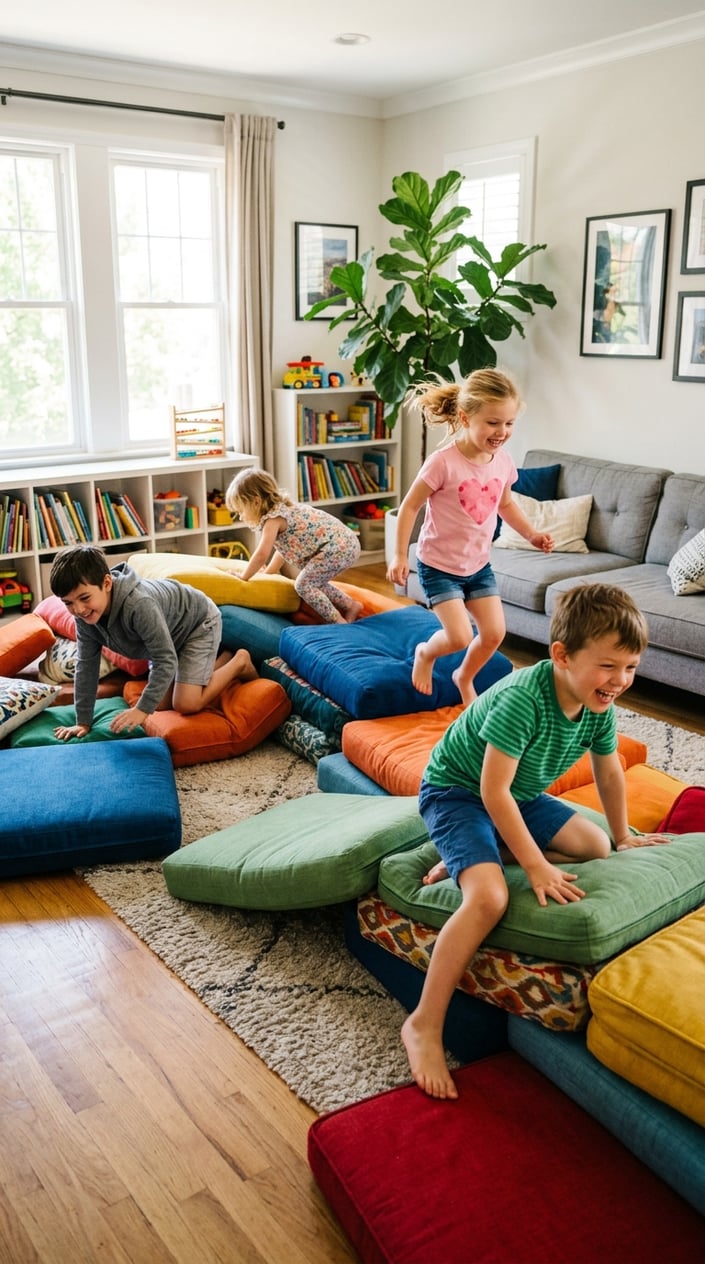 23 Physical Activities for Kids That Burn the Energy You've Been Watching Pile Up 13 Children climbing and playing on colorful couch cushions arranged as an indoor obstacle course in a bright living room.