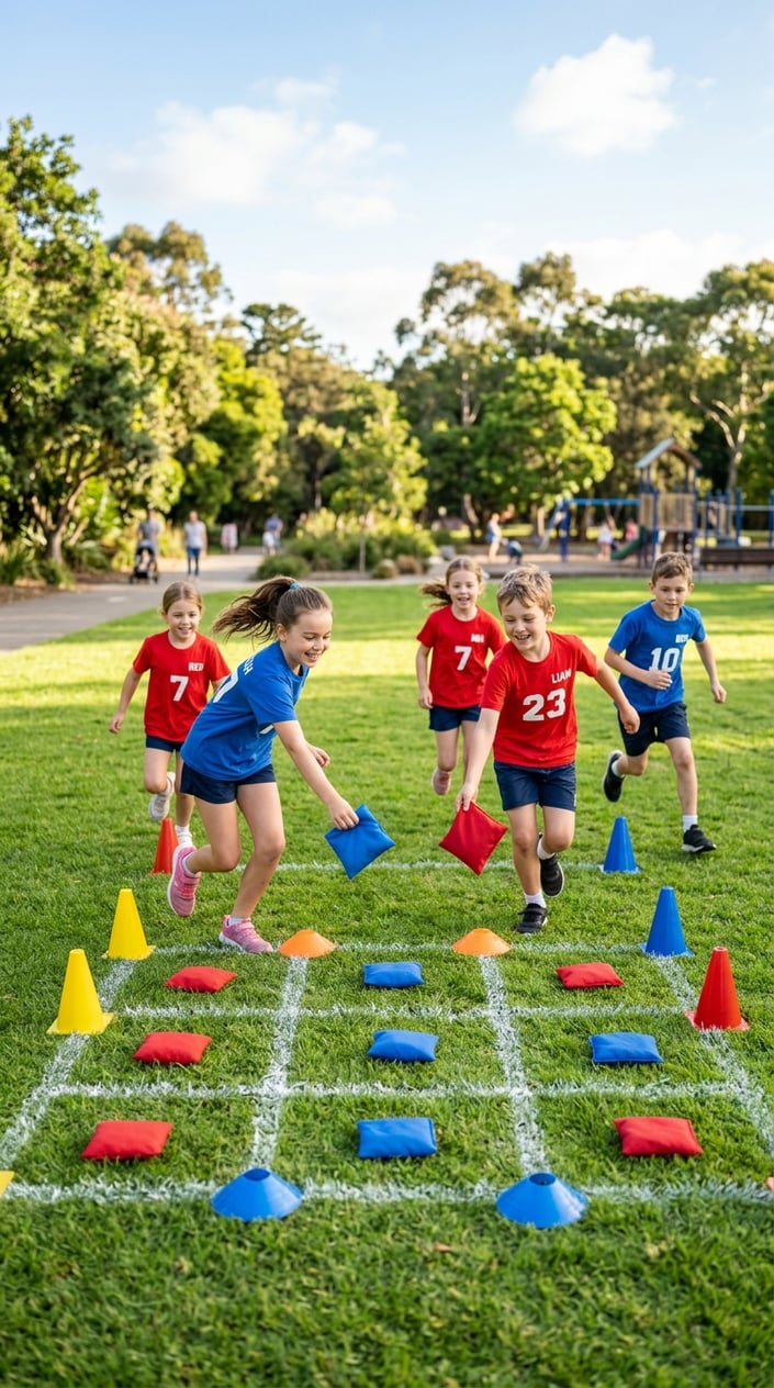 23 Physical Activities for Kids That Burn the Energy You've Been Watching Pile Up 14 Children playing a tic-tac-toe sprint game outdoors using cones and beanbags on a grassy field.