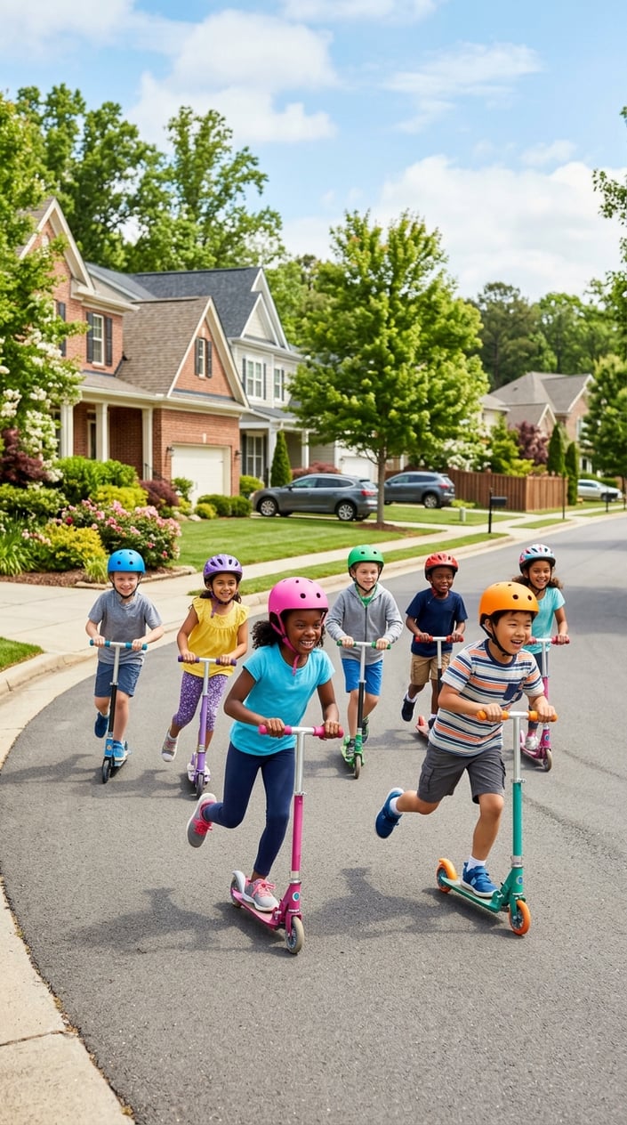 23 Physical Activities for Kids That Burn the Energy You've Been Watching Pile Up 15 Children riding scooters around a neighborhood street on a sunny day, smiling and having fun.