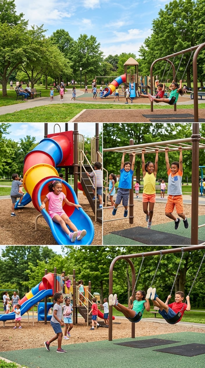 23 Physical Activities for Kids That Burn the Energy You've Been Watching Pile Up 16 Children playing on a slide, monkey bars, and swings in a park playground surrounded by grass and trees.
