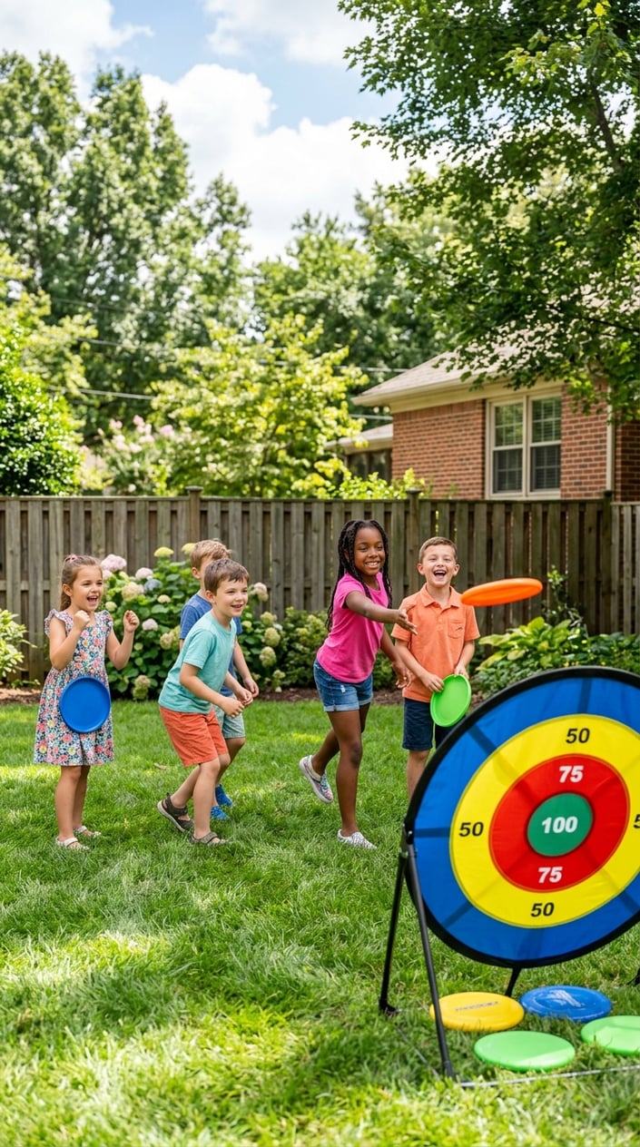 23 Physical Activities for Kids That Burn the Energy You've Been Watching Pile Up 17 Children playing frisbee target toss together in a green backyard on a sunny day.