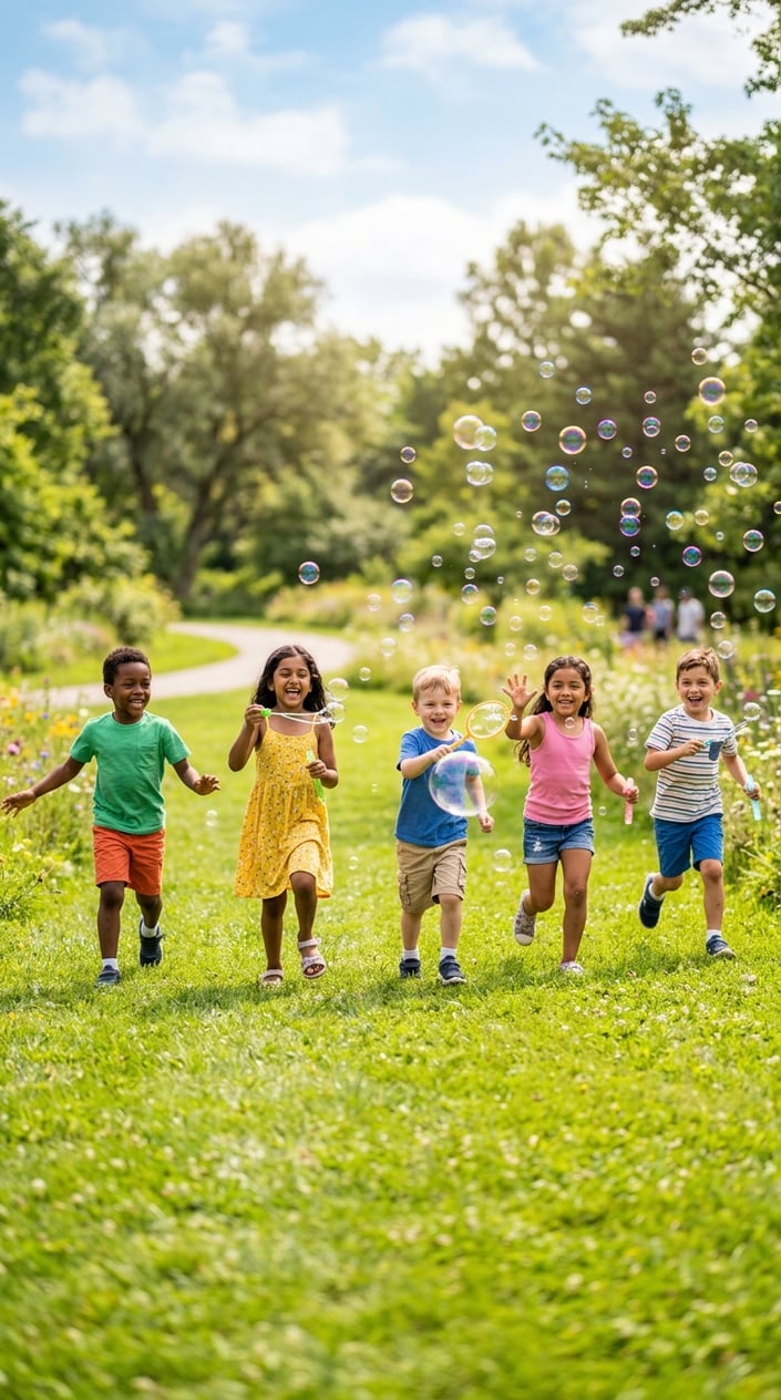 23 Physical Activities for Kids That Burn the Energy You've Been Watching Pile Up 18 Children running and chasing bubbles outdoors with different sized bubble wands on a sunny day.