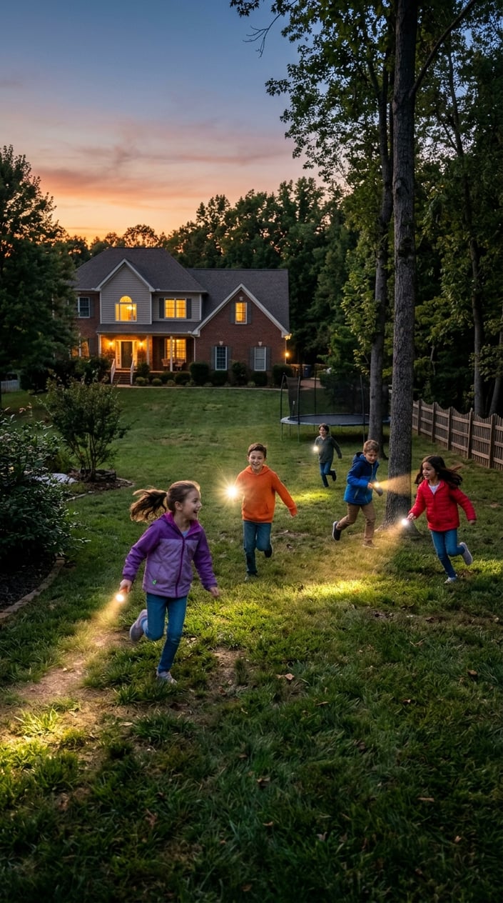 23 Physical Activities for Kids That Burn the Energy You've Been Watching Pile Up 20 Children playing flashlight tag in a backyard at dusk, running and holding flashlights with trees and a house in the background.