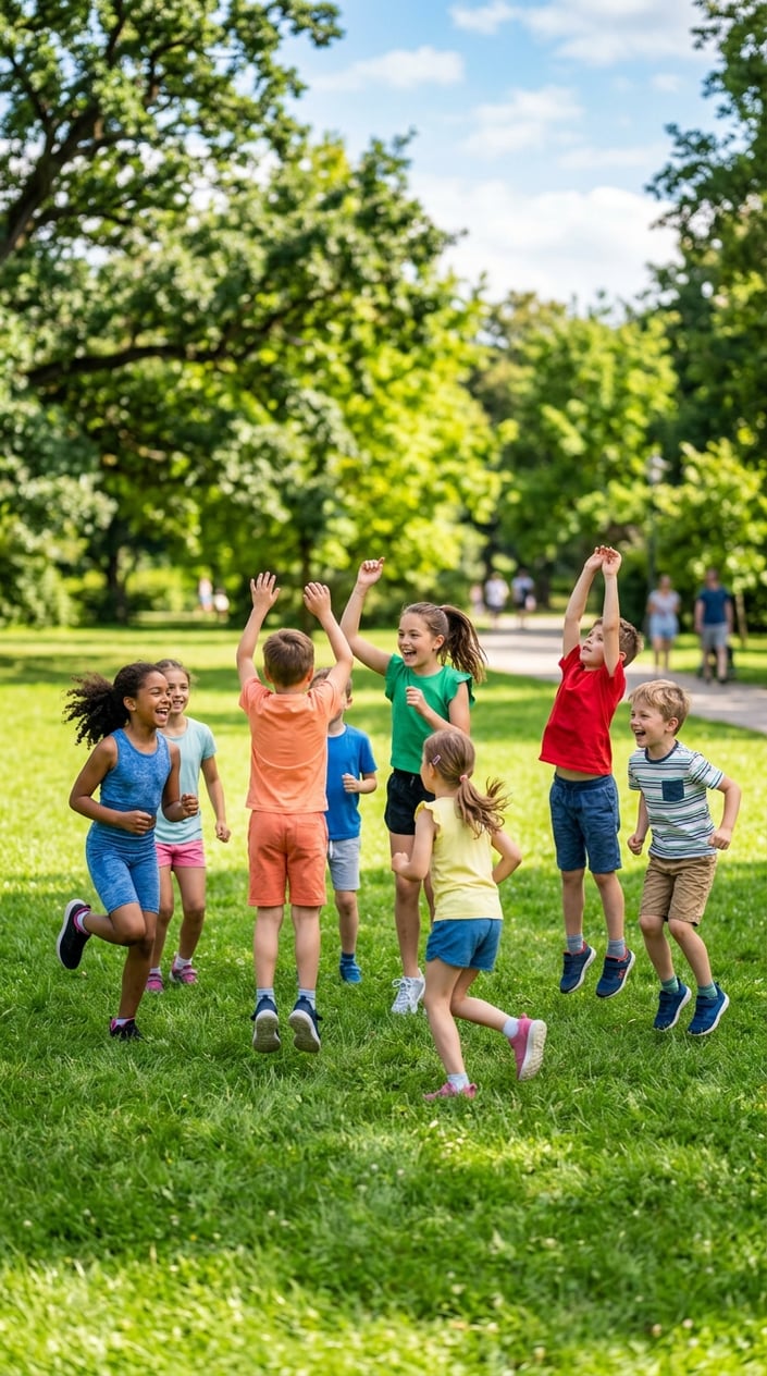 23 Physical Activities for Kids That Burn the Energy You've Been Watching Pile Up 21 Children playing an active outdoor game in a park, running and jumping with joyful expressions.