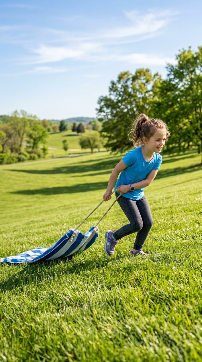 23 Physical Activities for Kids That Burn the Energy You've Been Watching Pile Up 22 A child pulling a towel sled up a grassy hill on a sunny day.