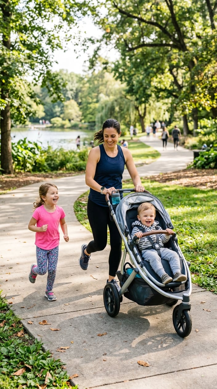 23 Physical Activities for Kids That Burn the Energy You've Been Watching Pile Up 23 A parent briskly walking outdoors while pushing a stroller with a toddler and an older child walking alongside in a park.