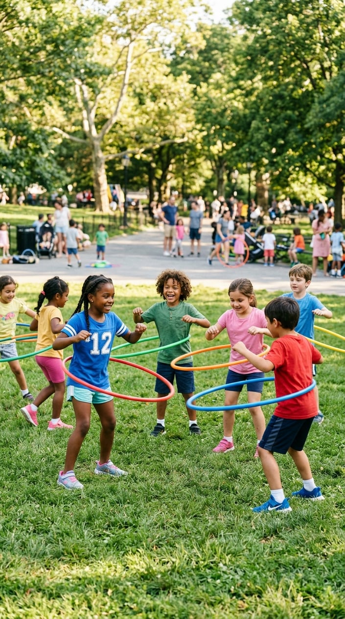 23 Physical Activities for Kids That Burn the Energy You've Been Watching Pile Up 24 Children outdoors spinning colorful hula hoops around their waists during a playful endurance challenge.