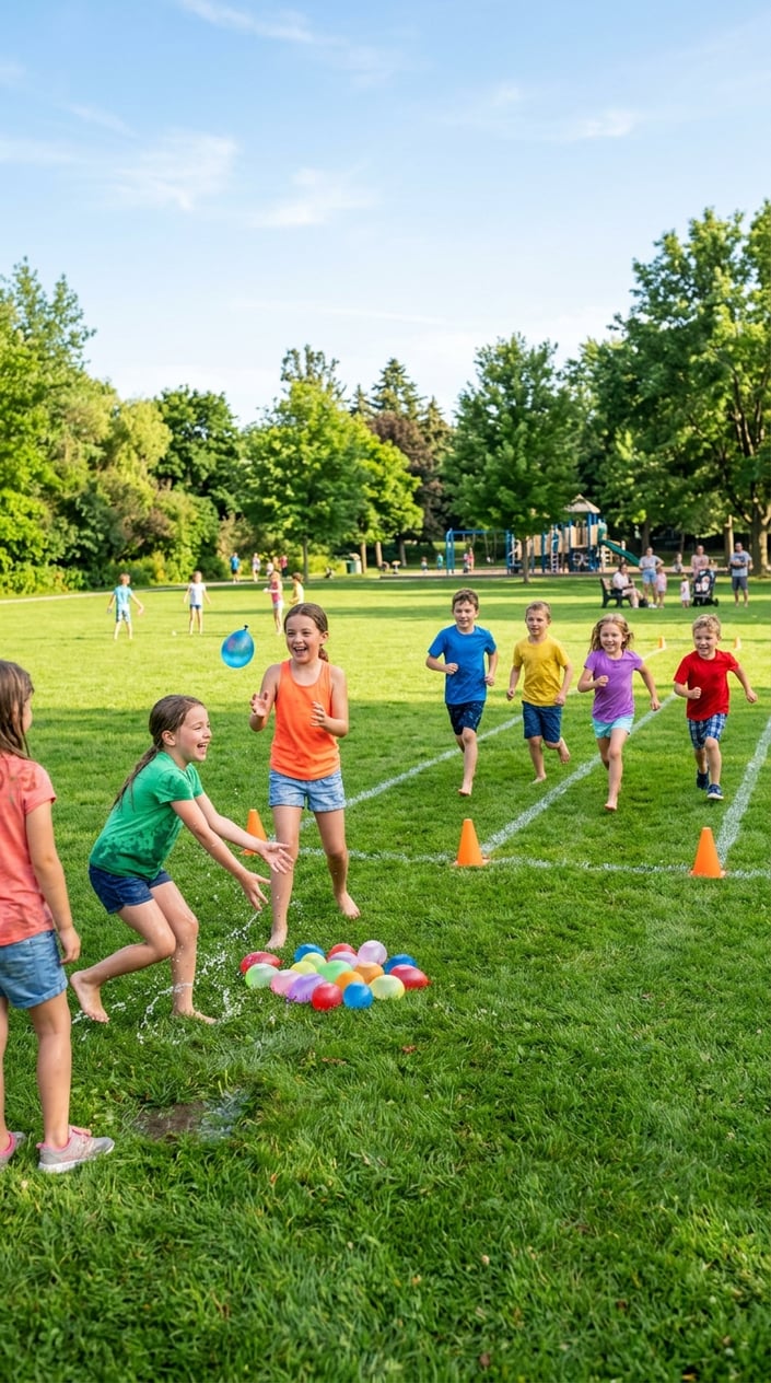 23 Physical Activities for Kids That Burn the Energy You've Been Watching Pile Up 25 Children playing a water balloon toss and sprint game outdoors in a green park on a sunny day.