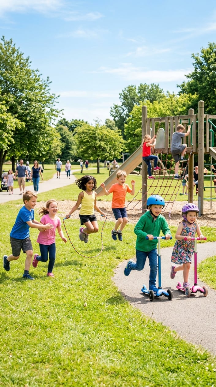 23 Physical Activities for Kids That Burn the Energy You've Been Watching Pile Up 26 Children playing and engaging in various physical activities outdoors in a sunny park.