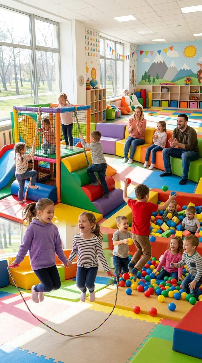 23 Physical Activities for Kids That Burn the Energy You've Been Watching Pile Up 27 Children actively playing and exercising in a bright indoor playroom with adults nearby.