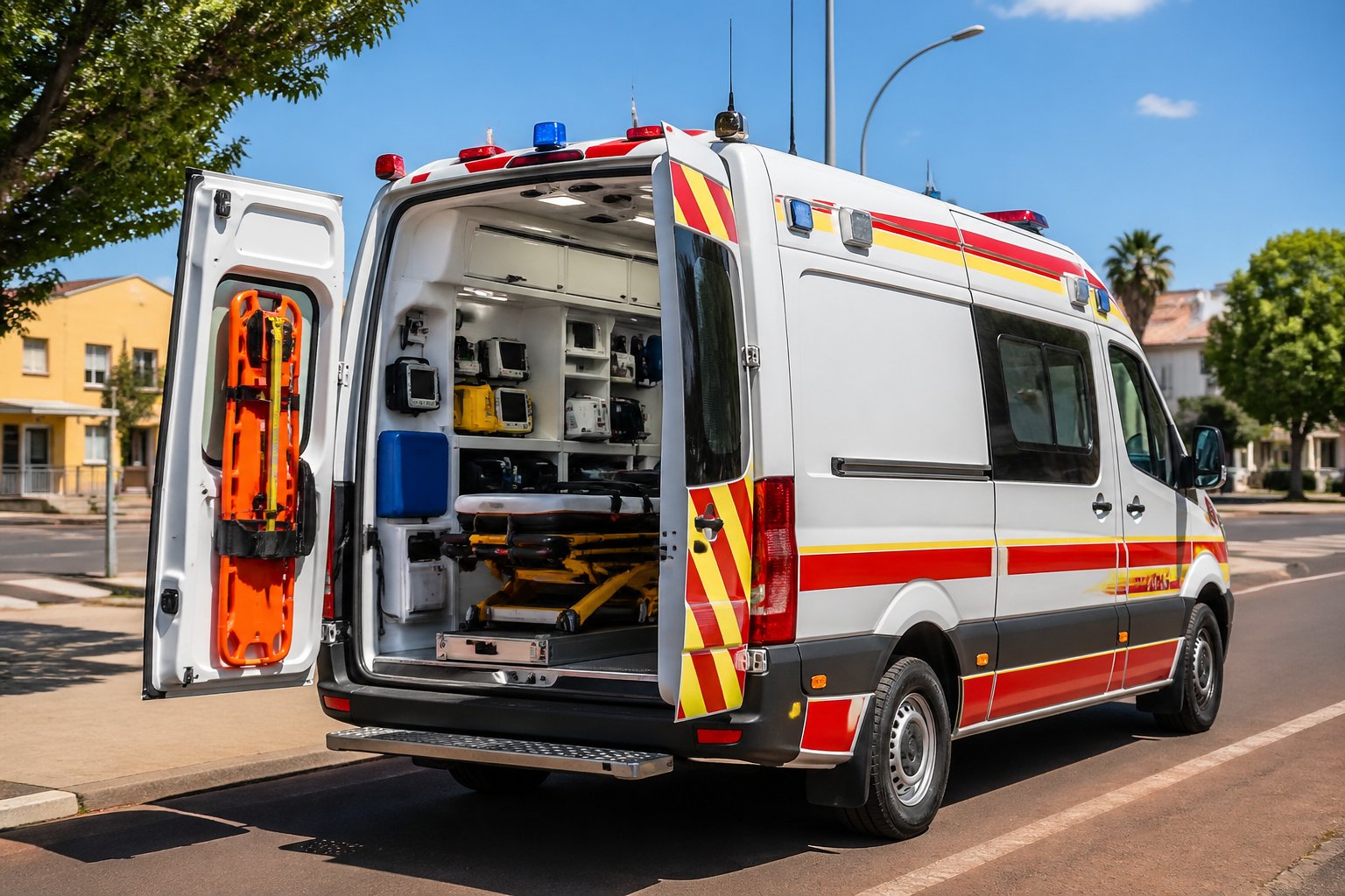Ambulância em Moreira Sales: Serviços de Atendimento Médico de Emergência na Região Ambulância moderna estacionada em uma rua de Moreira Sales, com equipamentos médicos visíveis através das portas traseiras abertas.