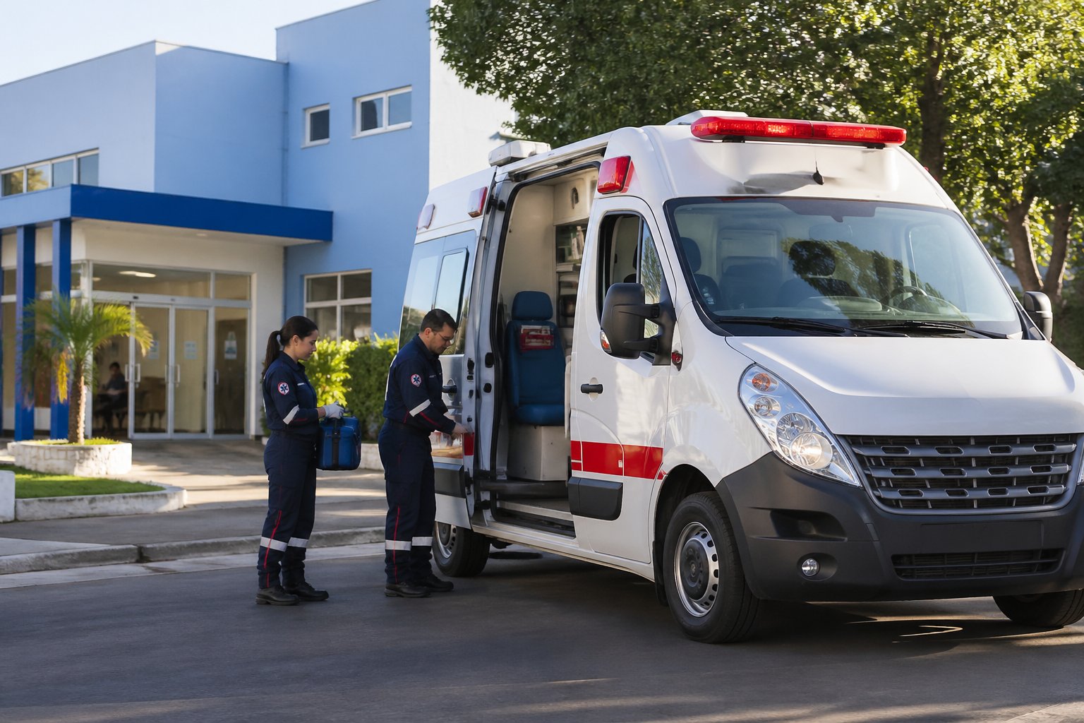 Ambulância estacionada em uma rua urbana em Janiópolis com profissionais de saúde próximos, diante de um prédio de saúde municipal.