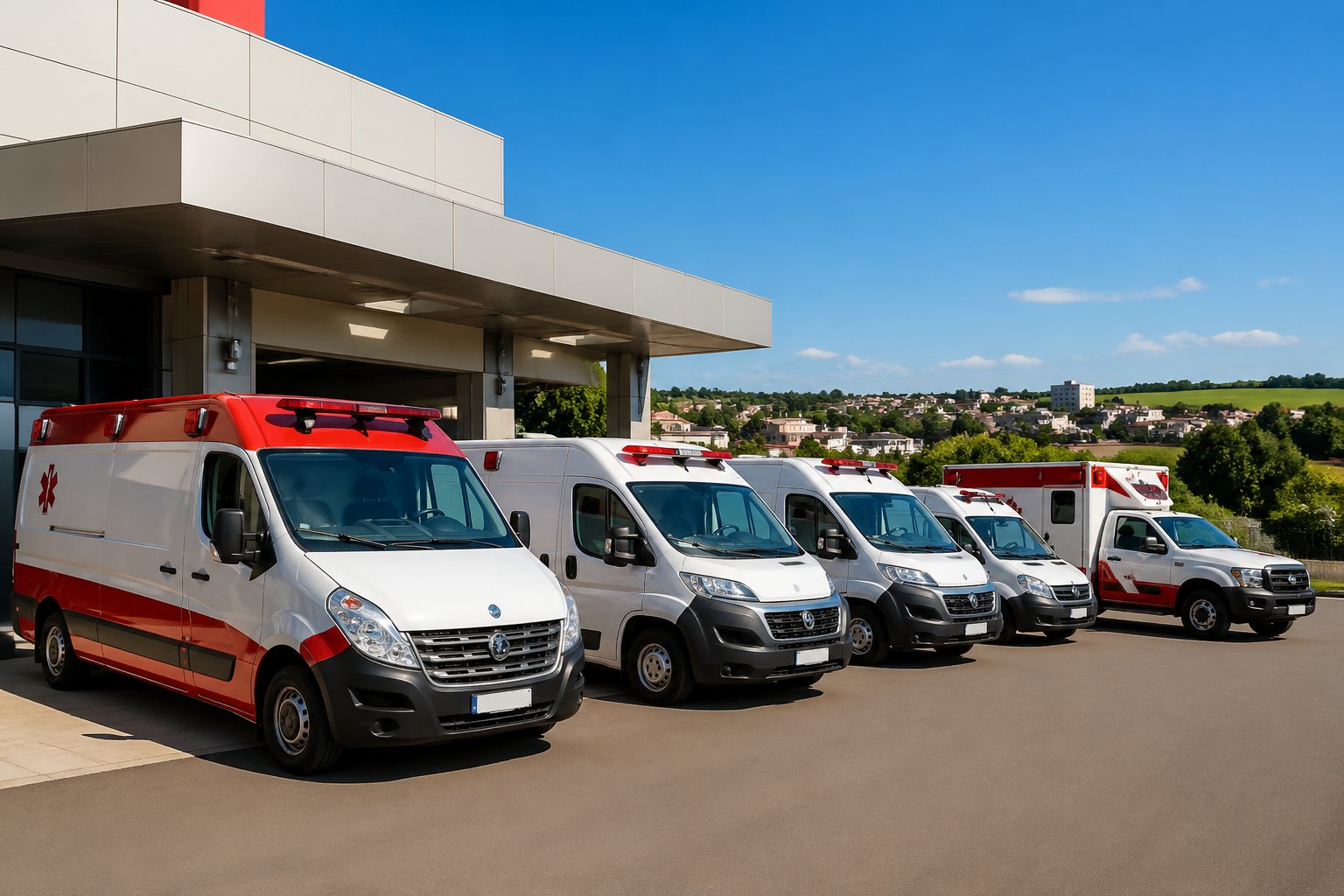 Vários tipos de ambulâncias estacionadas em frente a uma unidade de emergência em Janiópolis, com céu azul e vegetação ao fundo.