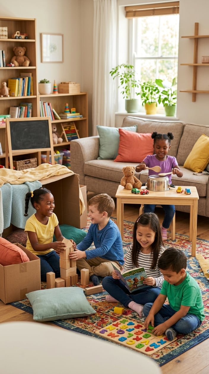 Children of diverse backgrounds playing and learning together indoors using household items and toys in a cozy living room.