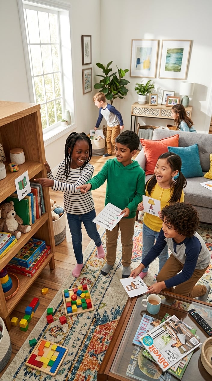 Children searching for picture clues during an indoor scavenger hunt in a bright living room.