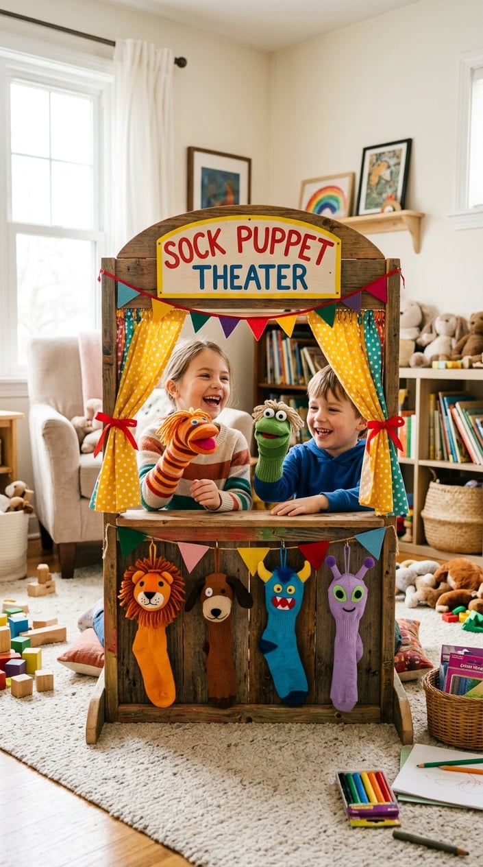 Two children performing with colorful sock puppets behind a small puppet theater stage in a cozy living room.