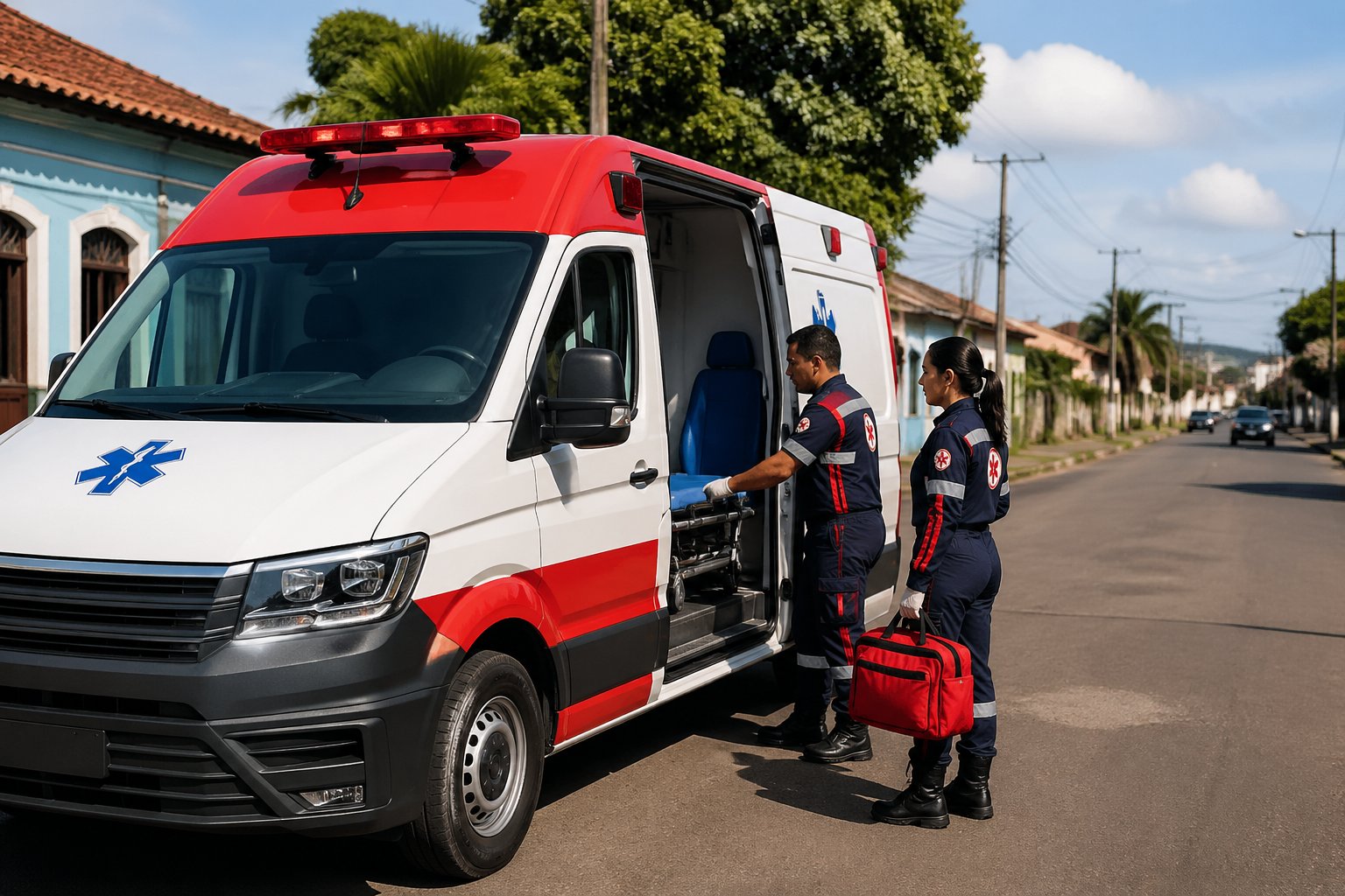 Ambulância em Luiziana: Serviços de Emergência Médica e Atendimento Rápido Ambulância moderna estacionada em uma rua ensolarada de uma pequena cidade, com paramédicos ao lado e casas coloridas ao fundo.