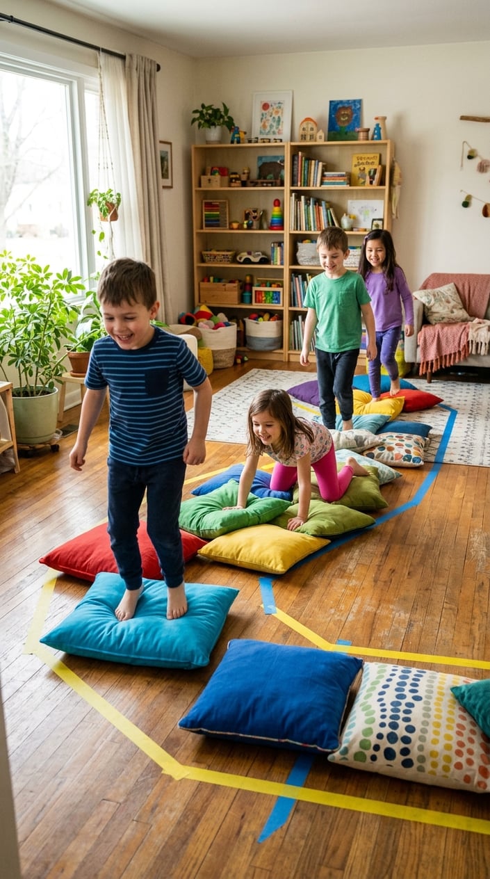 Children playing on a homemade indoor obstacle course made of pillows and tape on the floor.