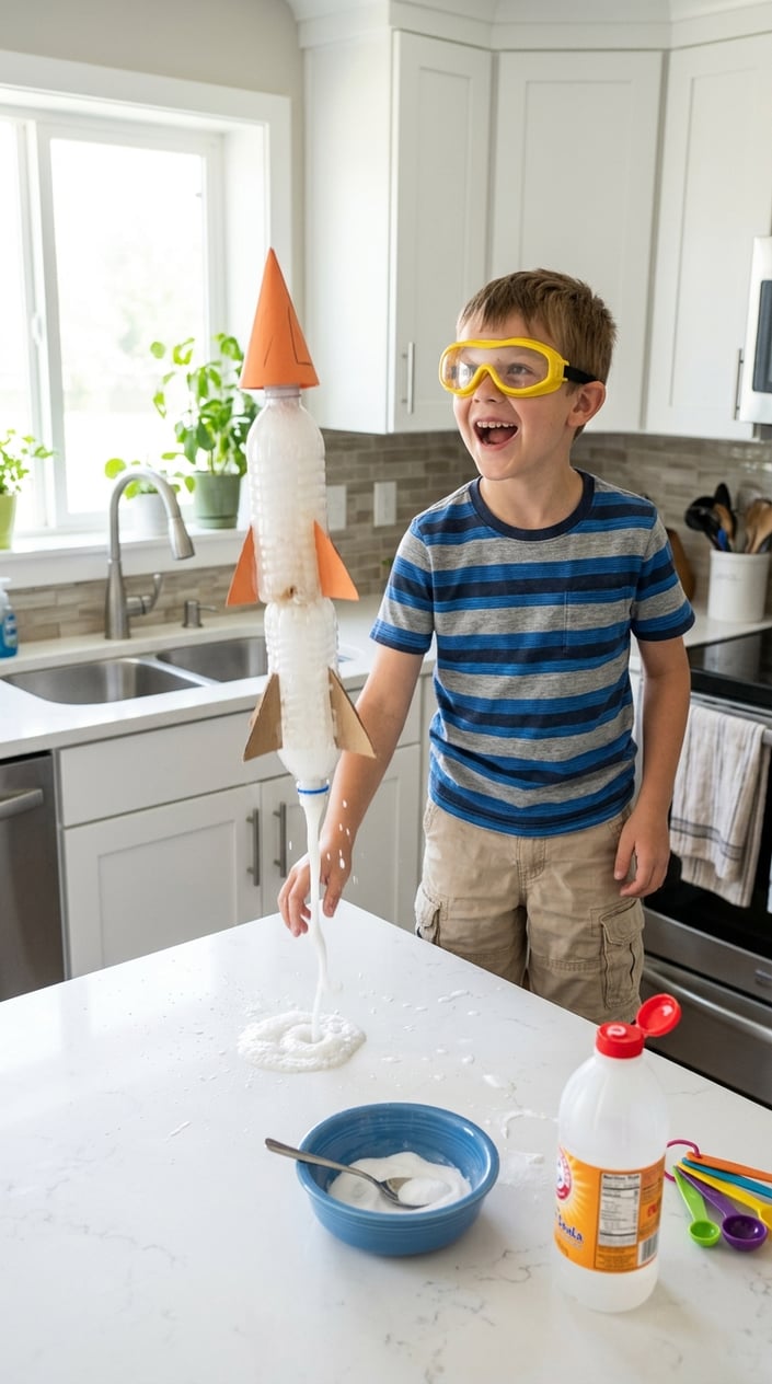 A child in a kitchen launching a homemade vinegar and baking soda rocket on a counter with science materials nearby.