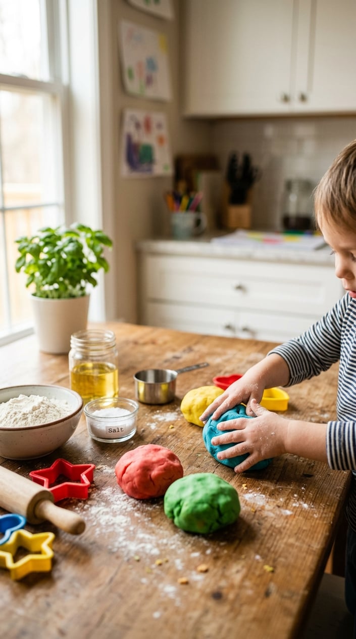 Child's hands shaping colorful homemade play dough on a wooden table with bowls of flour, salt, and oil nearby.