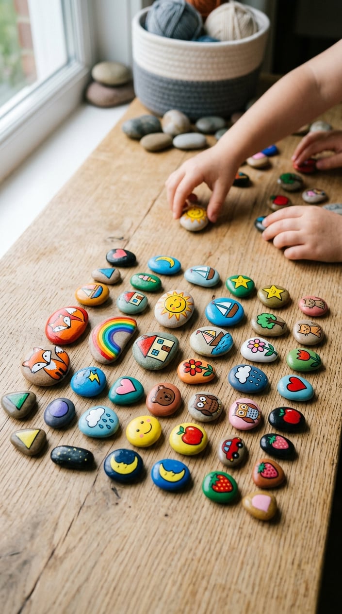 Smooth pebbles painted with colorful images arranged on a wooden surface with children's hands interacting with them.