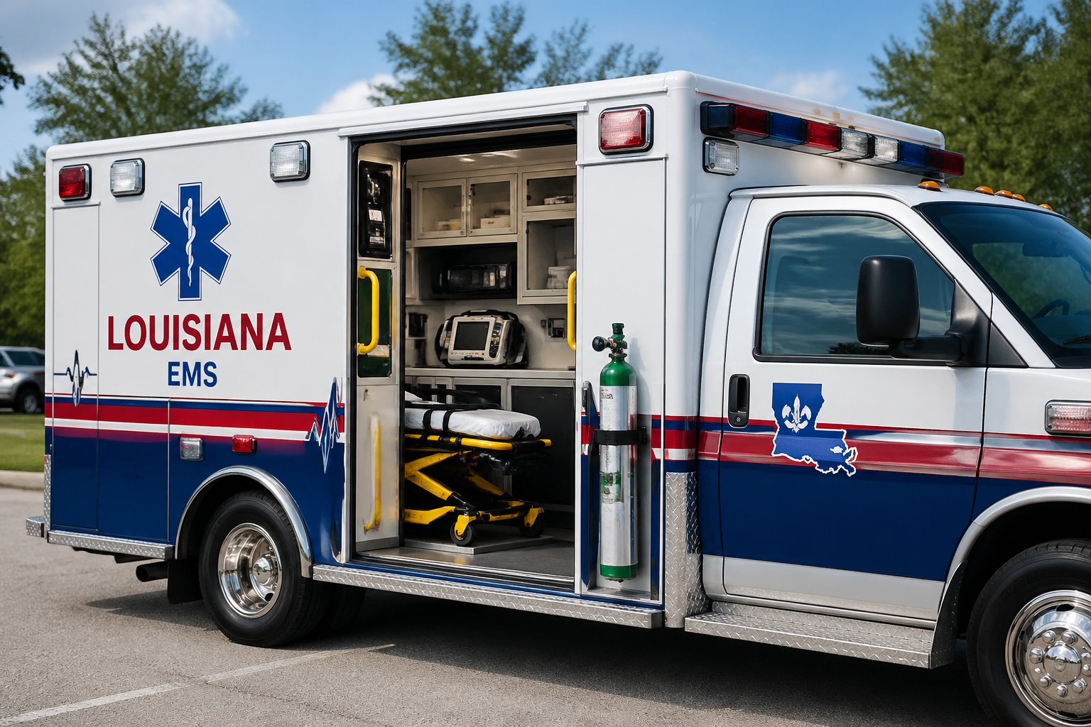 Ambulância em Luiziana: Serviços de Emergência Médica e Atendimento Rápido Ambulância moderna estacionada ao ar livre com equipamentos médicos visíveis pela porta lateral aberta.