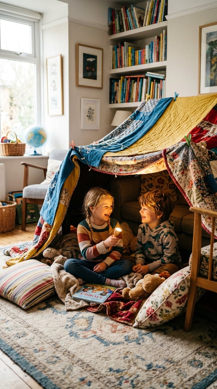 Two children sitting inside a blanket fort in a living room, holding a flashlight and smiling.