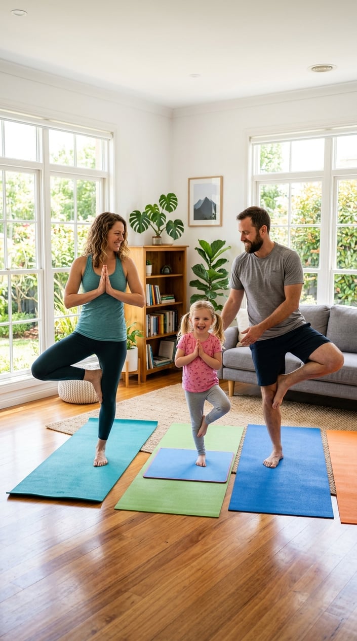 A mother, father, and young child doing yoga poses together on mats in a bright living room.