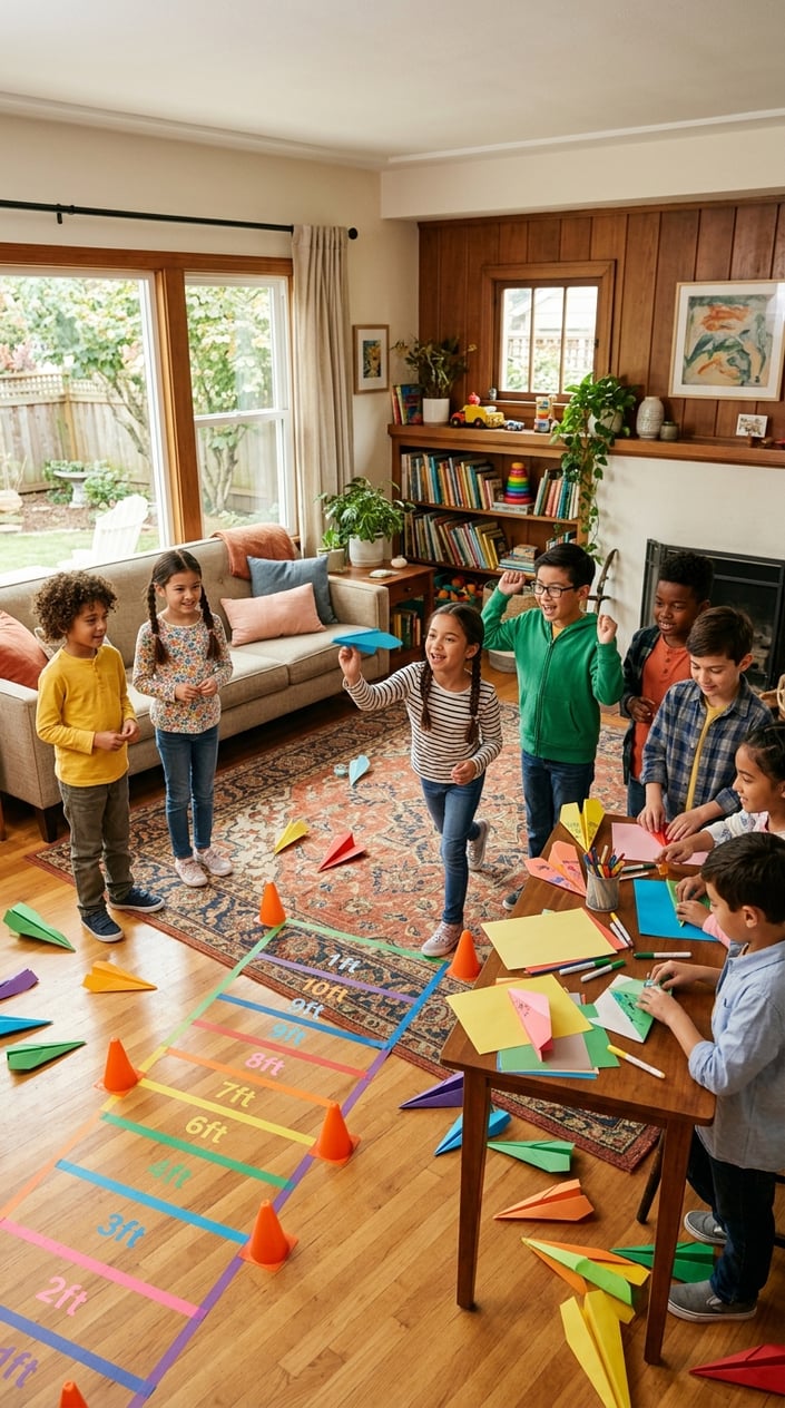 Children indoors participating in a paper airplane contest, launching planes and measuring distances on the floor.