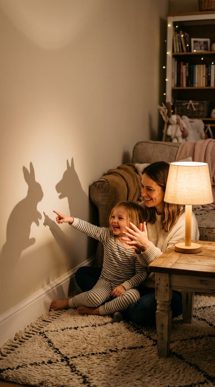 A parent and child making shadow puppets on a wall using a lamp in a cozy living room.