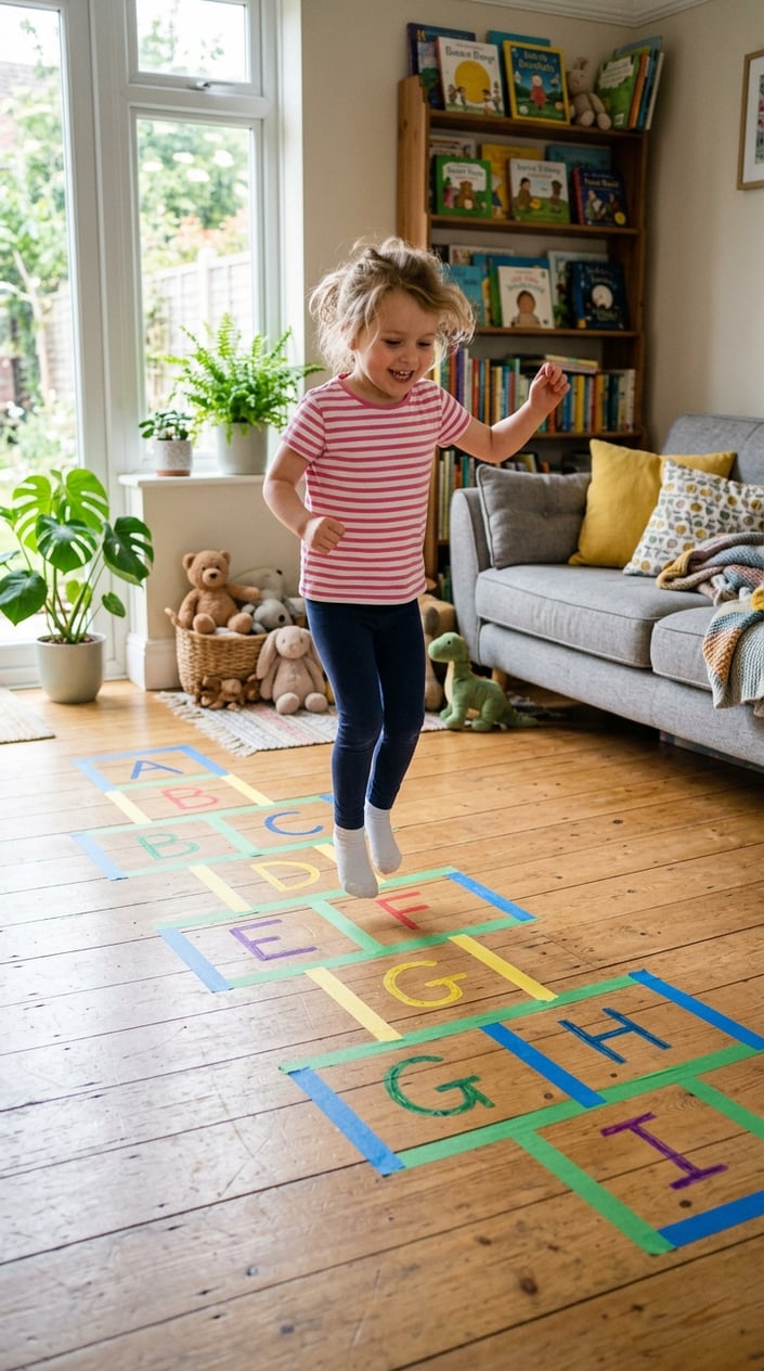 A child playing alphabet hopscotch made with painter's tape on a wooden floor inside a cozy living room.